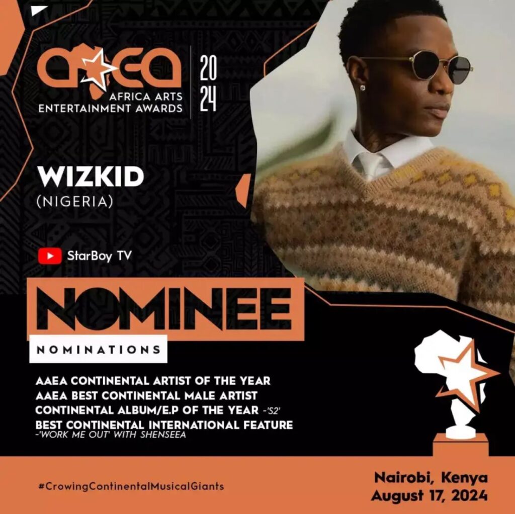 Wizkid Nominated for 7 Categories at 2024 Africa Arts Entertainment Awards in Kenya