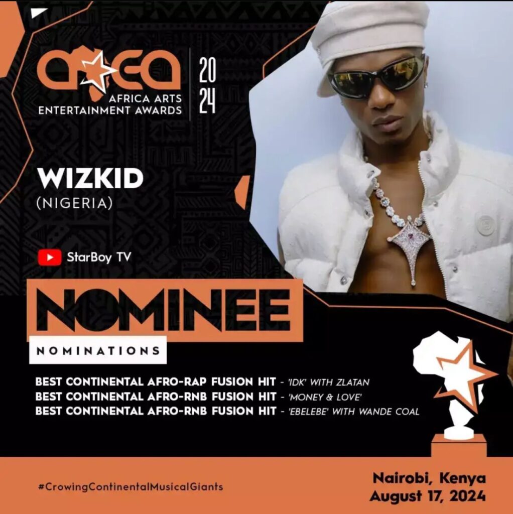 Wizkid Nominated for 7 Categories at 2024 Africa Arts Entertainment Awards in Kenya