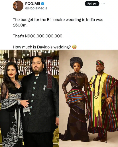 Influencer Pooja taunts at Davido, Compares His Wedding Budget to Anant Ambani's $600 Million Extravaganza